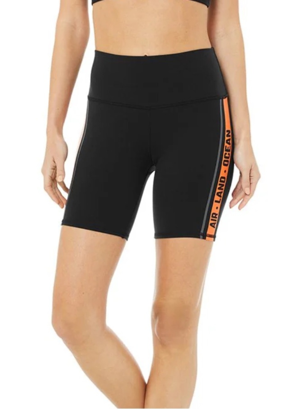ALO Yoga Black Spin Shorts with Orange Side Stripe With Air/Land/Ocean Logo XS